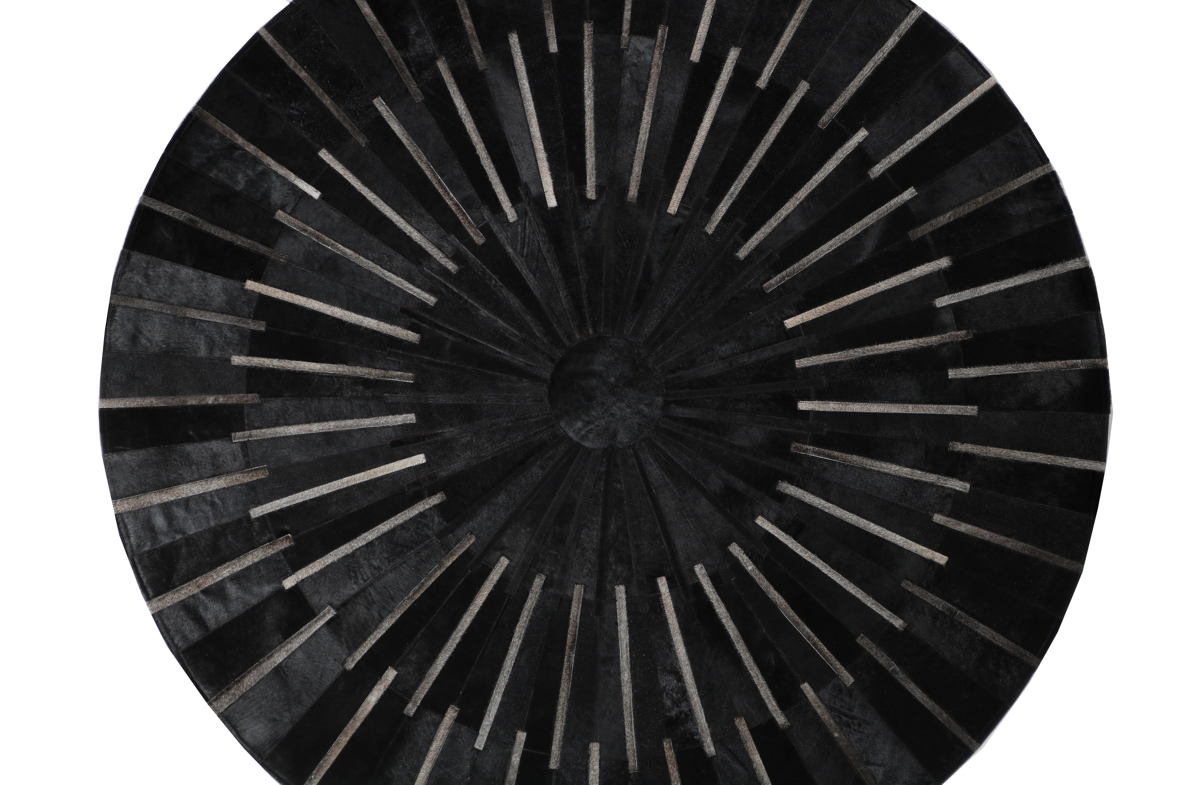 Geometric Round Cowhide Patchwork Rug – Black with Charcoal Stripes - Patchwork PCH216 Round