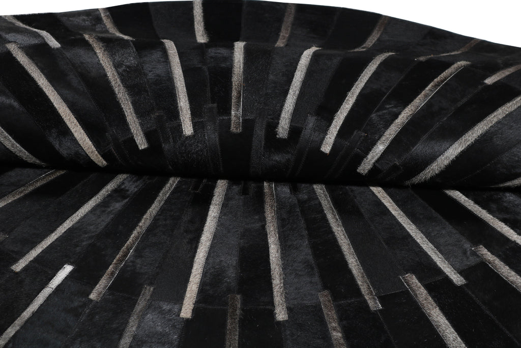 Geometric Round Cowhide Patchwork Rug – Black with Charcoal Stripes - Patchwork PCH216 Round