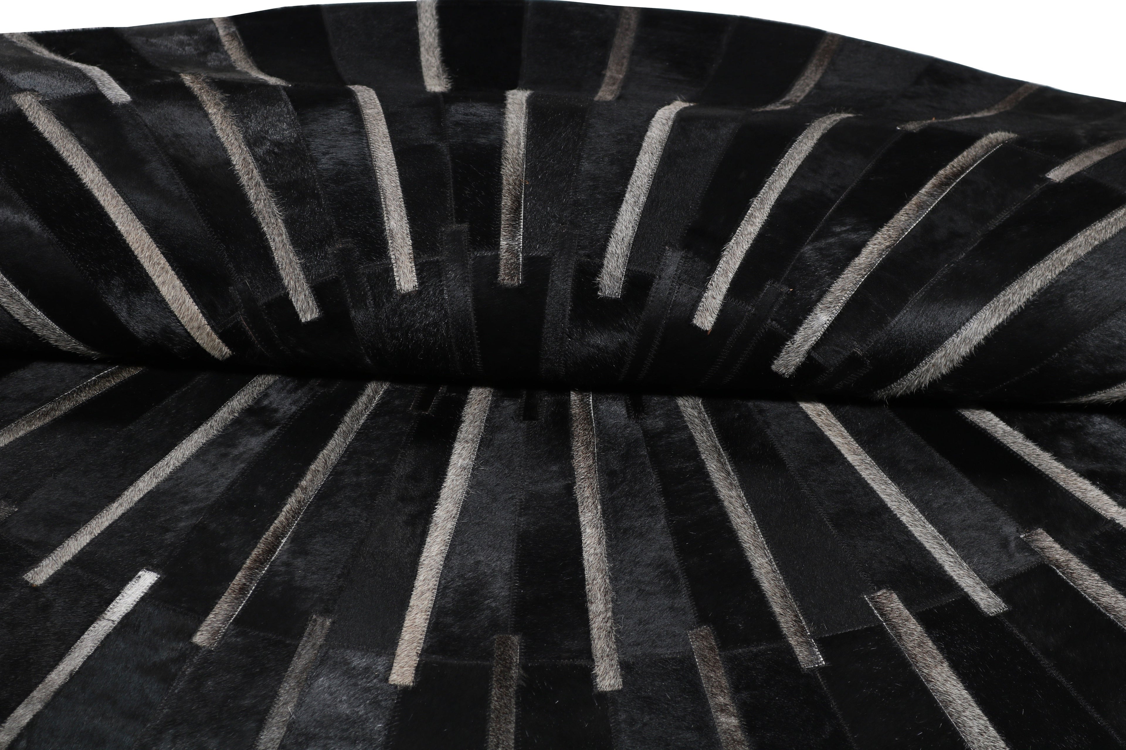 Geometric Round Cowhide Patchwork Rug – Black with Charcoal Stripes - Patchwork PCH216 Round
