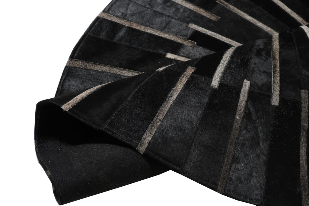 Geometric Round Cowhide Patchwork Rug – Black with Charcoal Stripes - Patchwork PCH216 Round