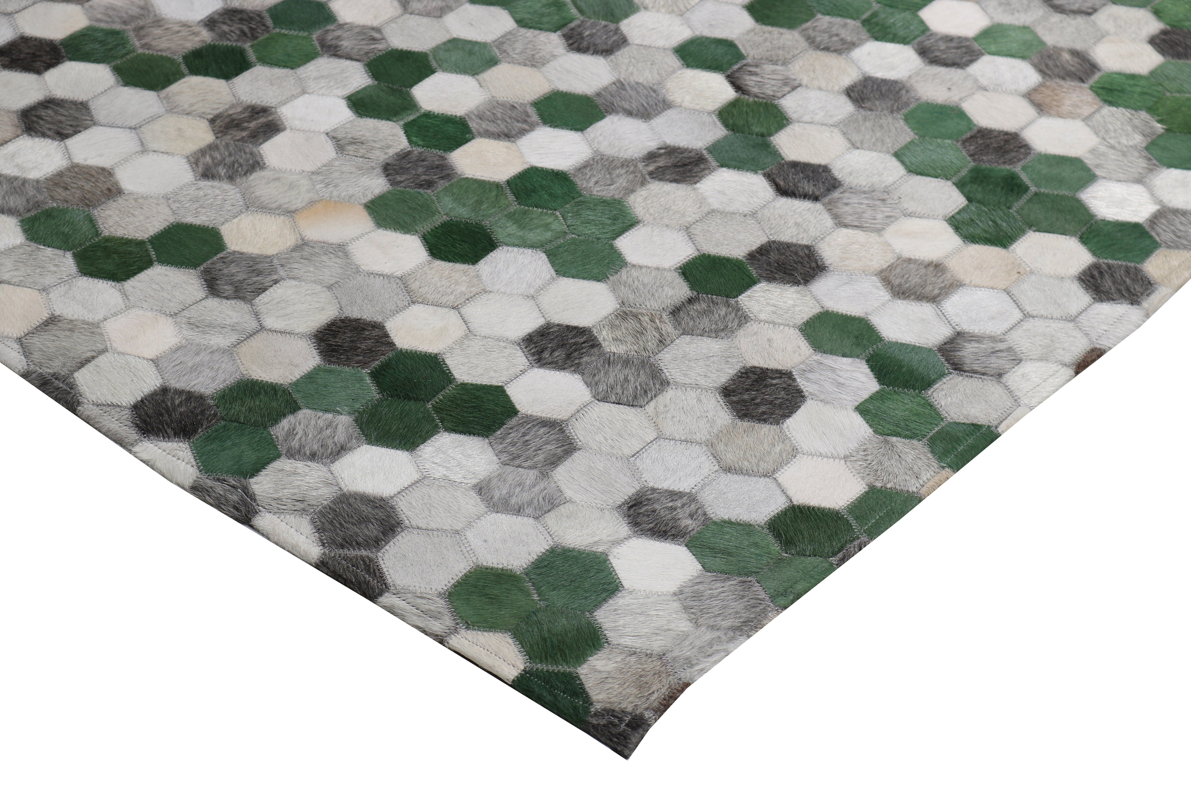 Earth-Tone Geometric Octagon Rug – Cowhide Patchwork Design in Green, Grey & Natural Shades - Patchwork PCH220 Green