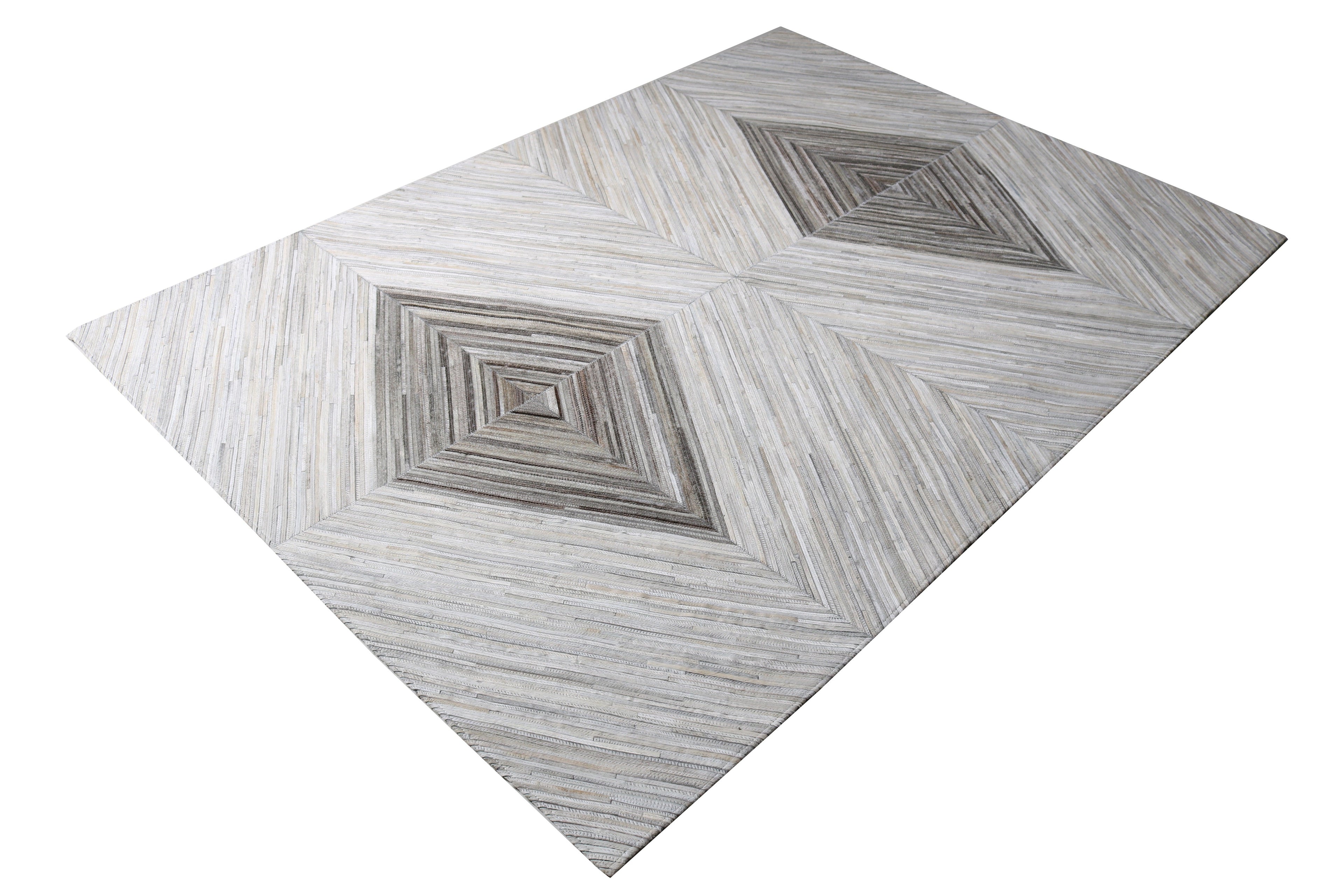 Geometric Diamond Cowhide Patchwork Rug – Ivory, Charcoal Grey, White & Brown Accents - Patchwork PCH221