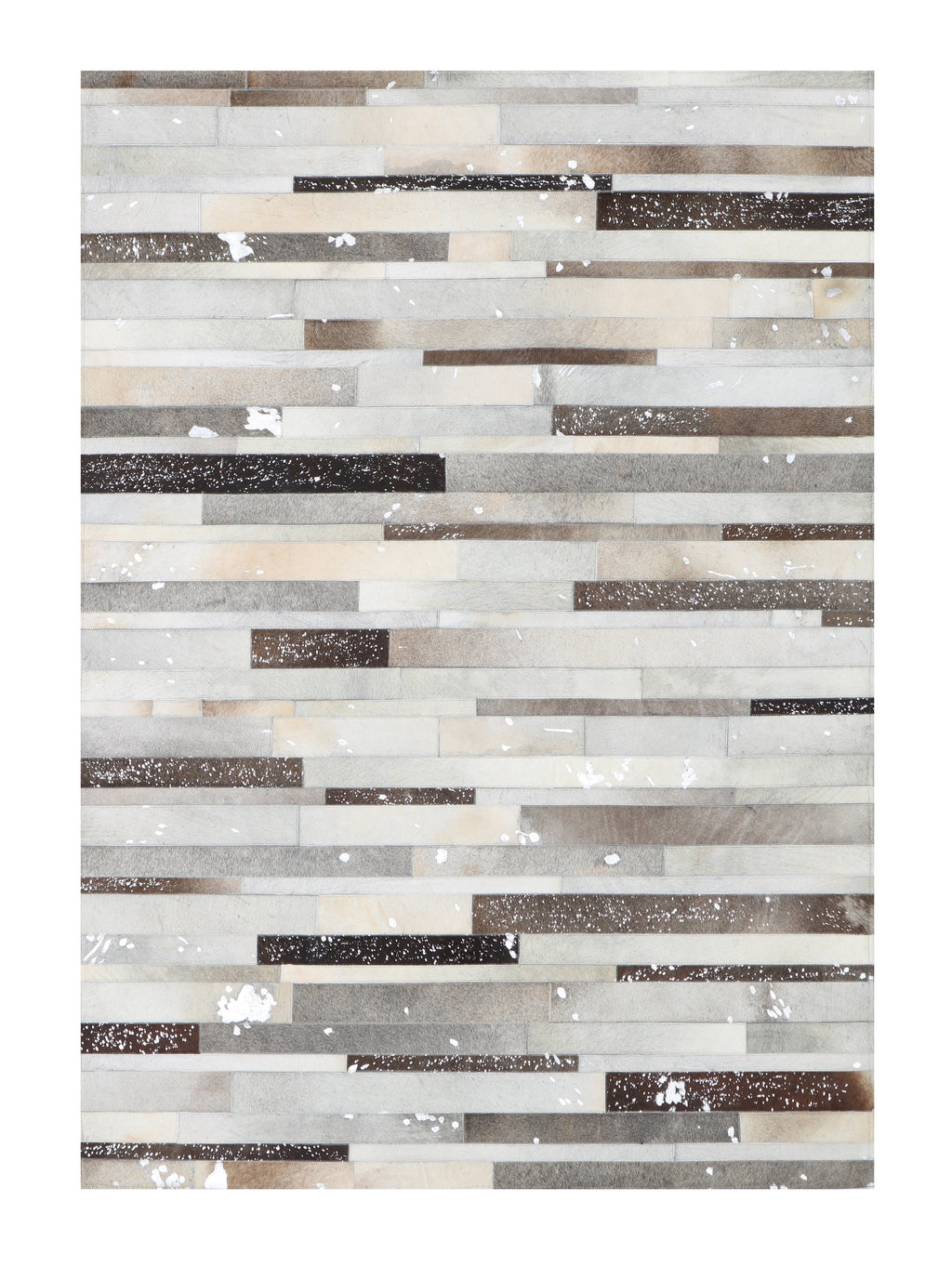 Geometric Striped Cowhide Patchwork Rug – Silver Cream Base with Earth-Tone Browns & Chrome Accents - Patchwork PCH223