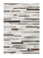 Geometric Striped Cowhide Patchwork Rug – Silver Cream Base with Earth-Tone Browns & Chrome Accents - Patchwork PCH223