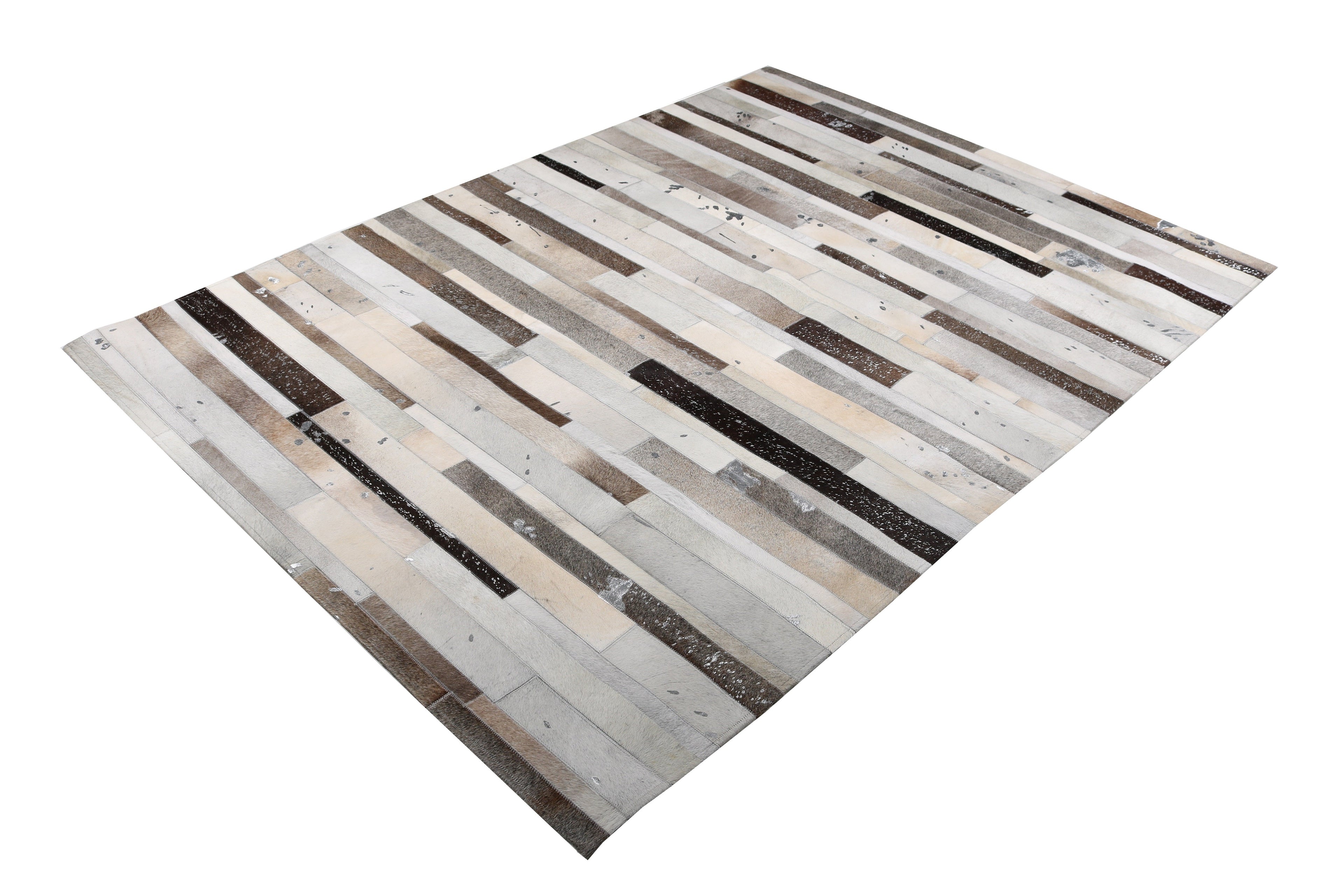Geometric Striped Cowhide Patchwork Rug – Silver Cream Base with Earth-Tone Browns & Chrome Accents - Patchwork PCH223