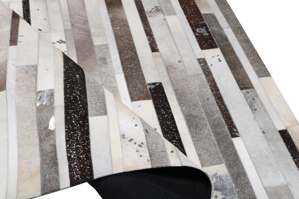 Geometric Striped Cowhide Patchwork Rug – Silver Cream Base with Earth-Tone Browns & Chrome Accents - Patchwork PCH223