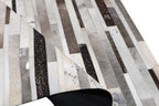 Geometric Striped Cowhide Patchwork Rug – Silver Cream Base with Earth-Tone Browns & Chrome Accents - Patchwork PCH223