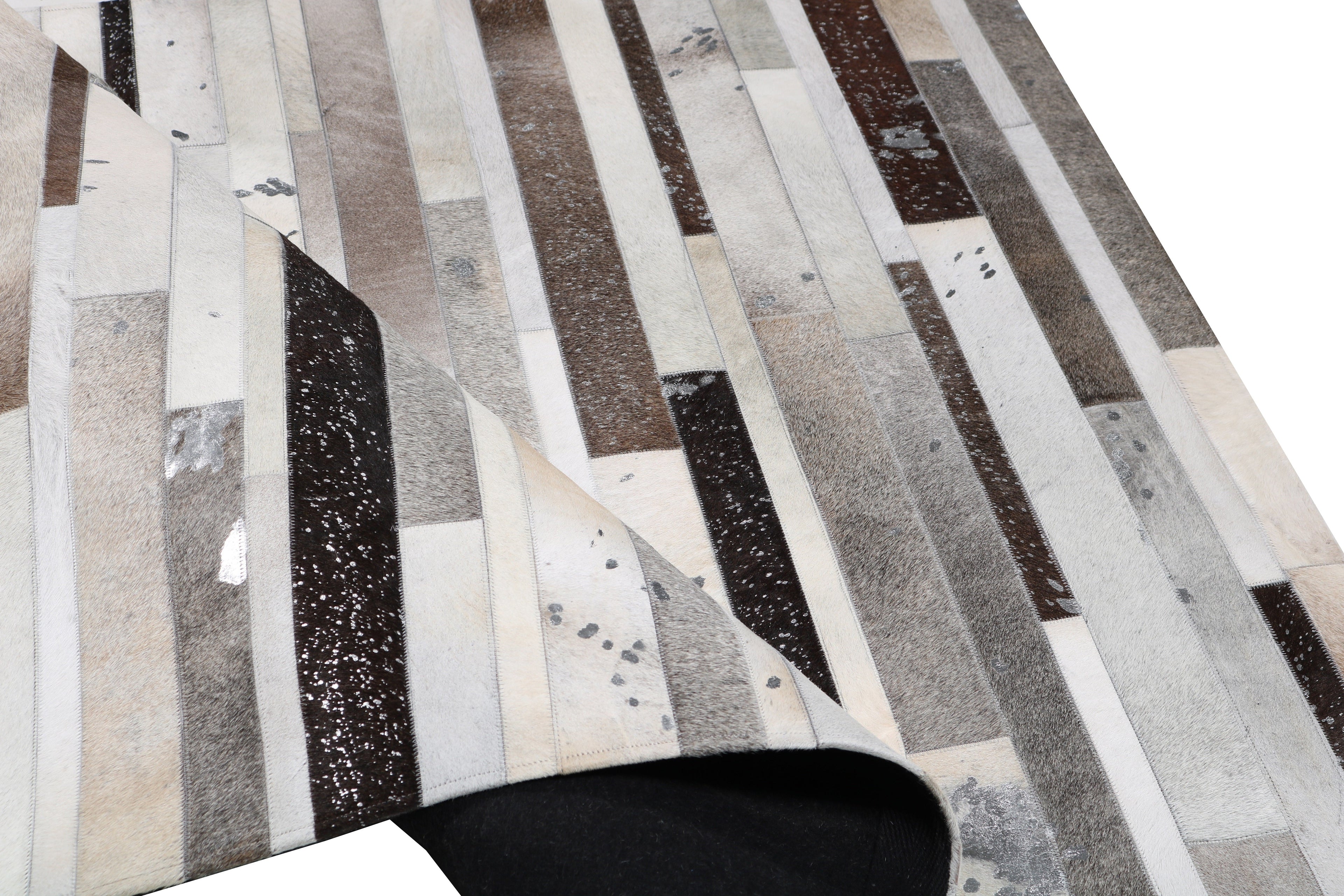 Geometric Striped Cowhide Patchwork Rug – Silver Cream Base with Earth-Tone Browns & Chrome Accents - Patchwork PCH223