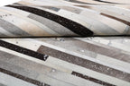 Geometric Striped Cowhide Patchwork Rug – Silver Cream Base with Earth-Tone Browns & Chrome Accents - Patchwork PCH223