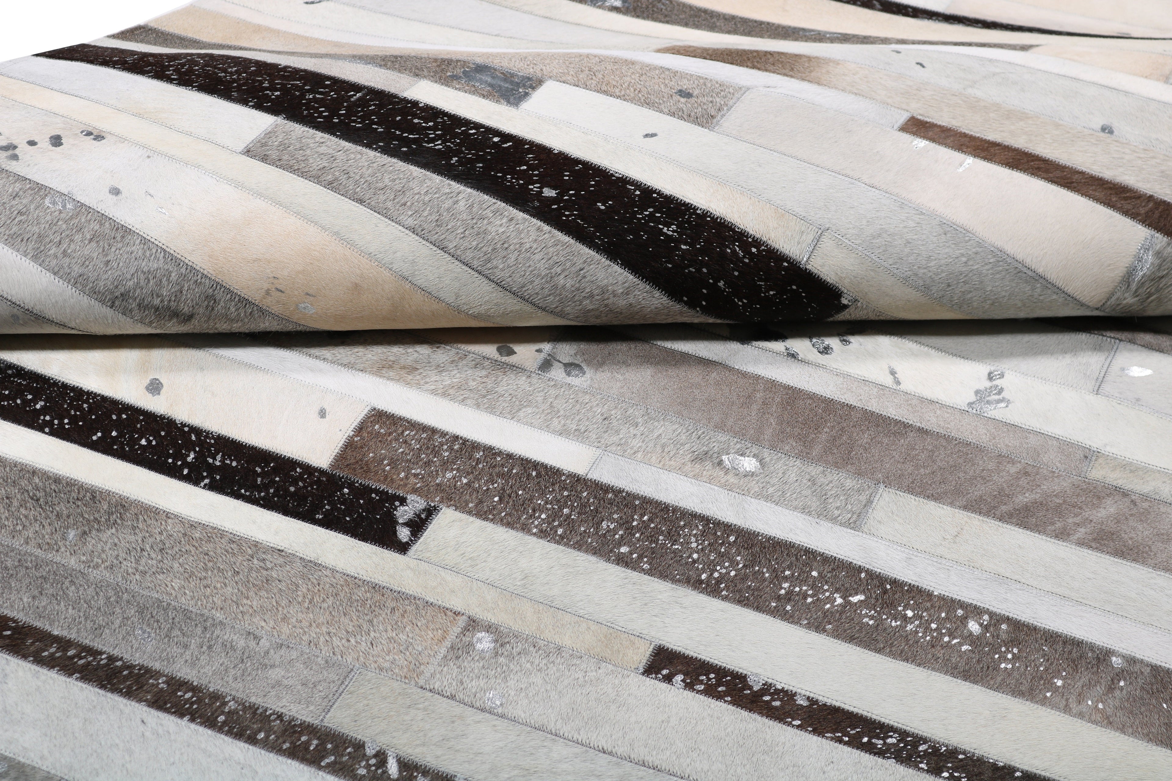 Geometric Striped Cowhide Patchwork Rug – Silver Cream Base with Earth-Tone Browns & Chrome Accents - Patchwork PCH223