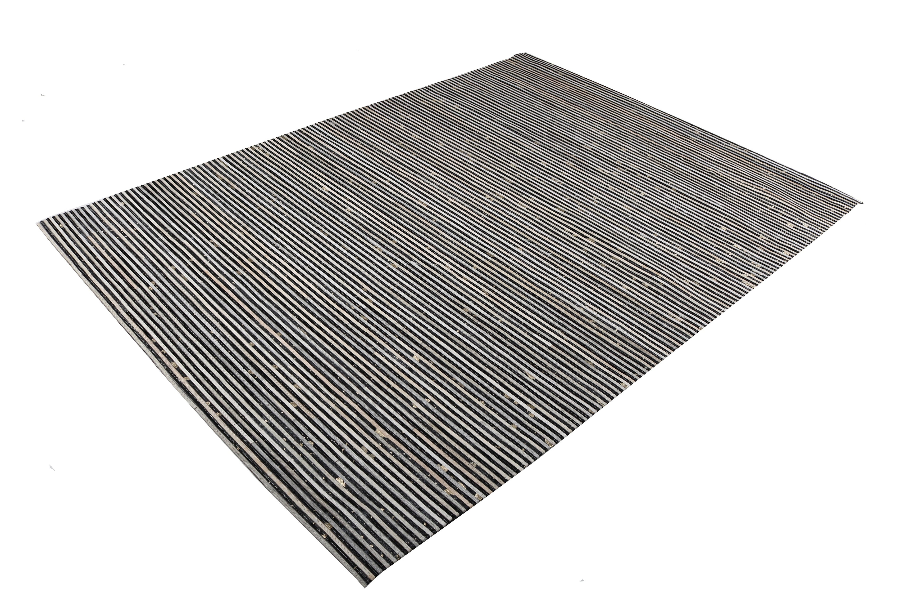 Cream & Black Geometric Cowhide Rug – Striped Patchwork with Gold Accents - Patchwork PCH222