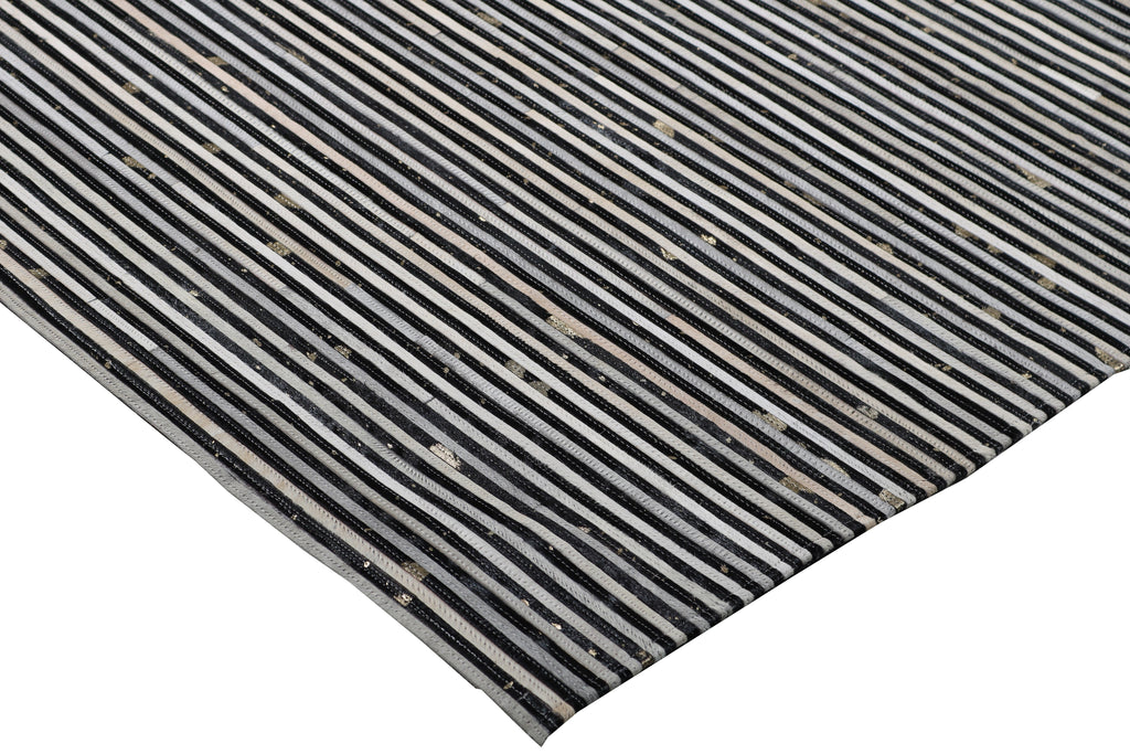 Cream & Black Geometric Cowhide Rug – Striped Patchwork with Gold Accents - Patchwork PCH222