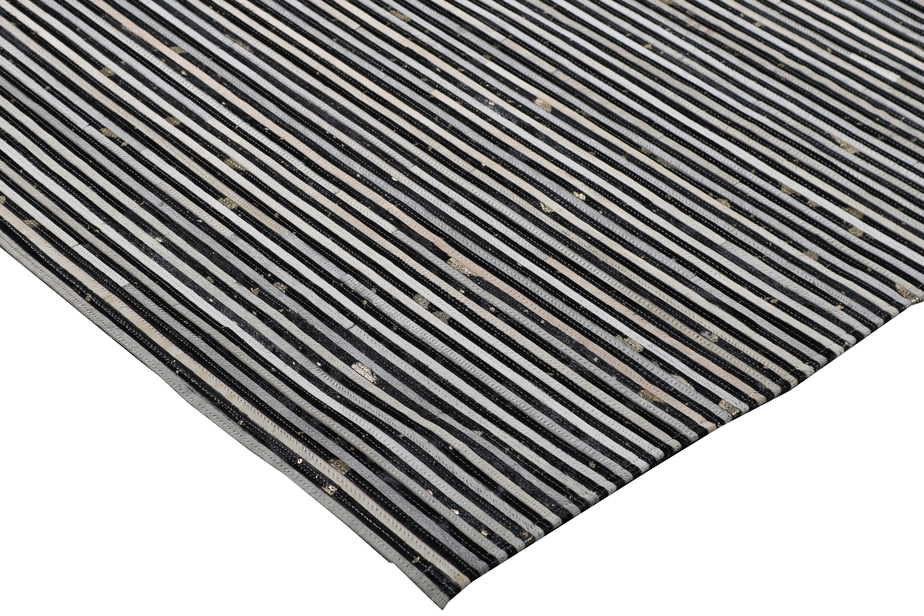 Cream & Black Geometric Cowhide Rug – Striped Patchwork with Gold Accents - Patchwork PCH222