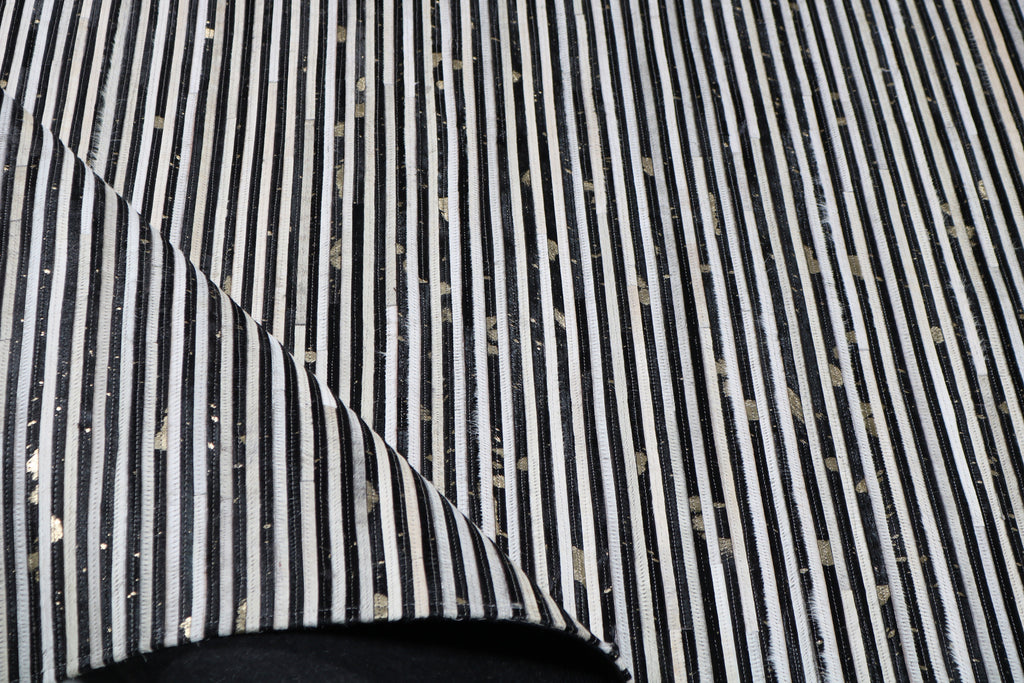 Cream & Black Geometric Cowhide Rug – Striped Patchwork with Gold Accents - Patchwork PCH222