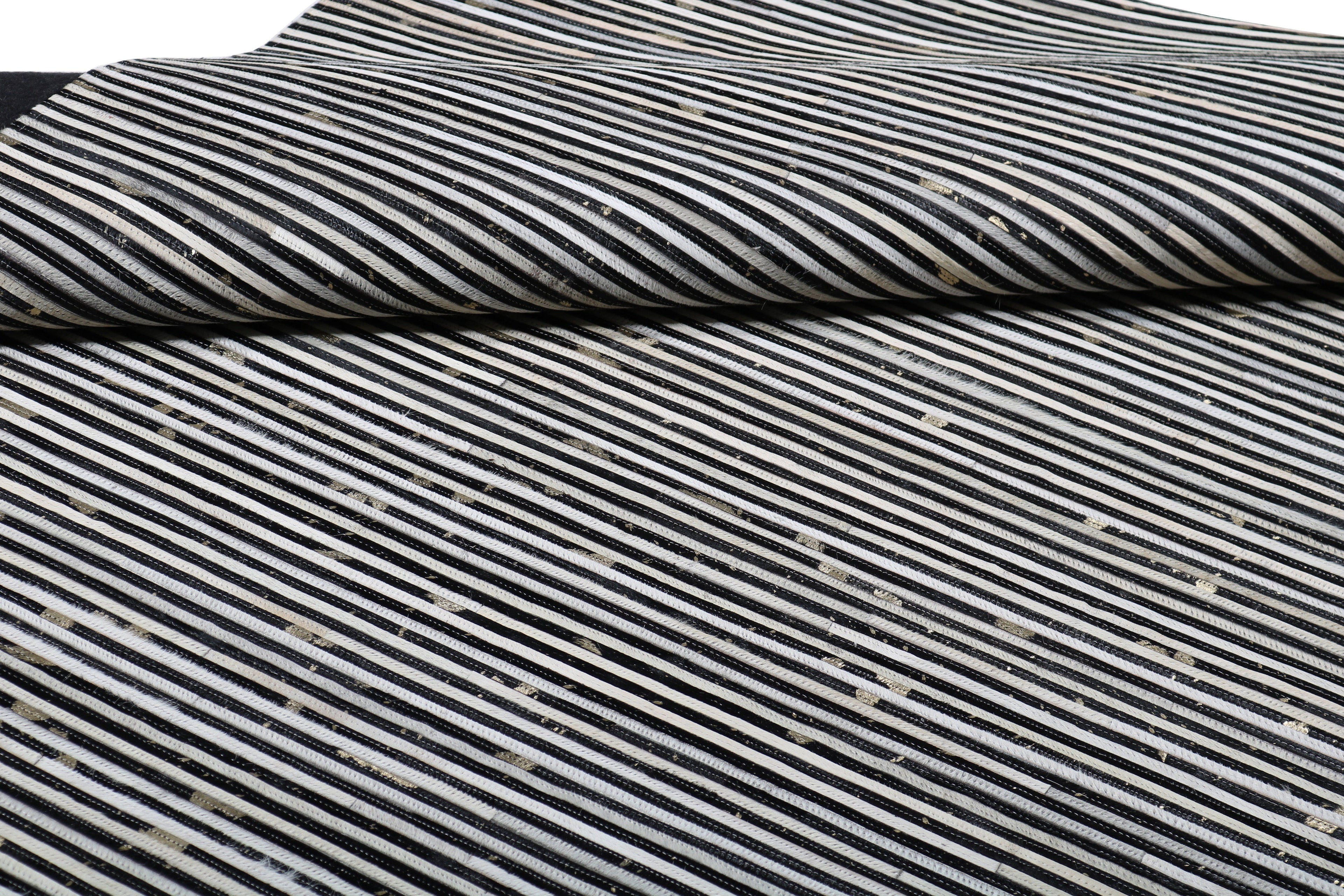 Cream & Black Geometric Cowhide Rug – Striped Patchwork with Gold Accents - Patchwork PCH222