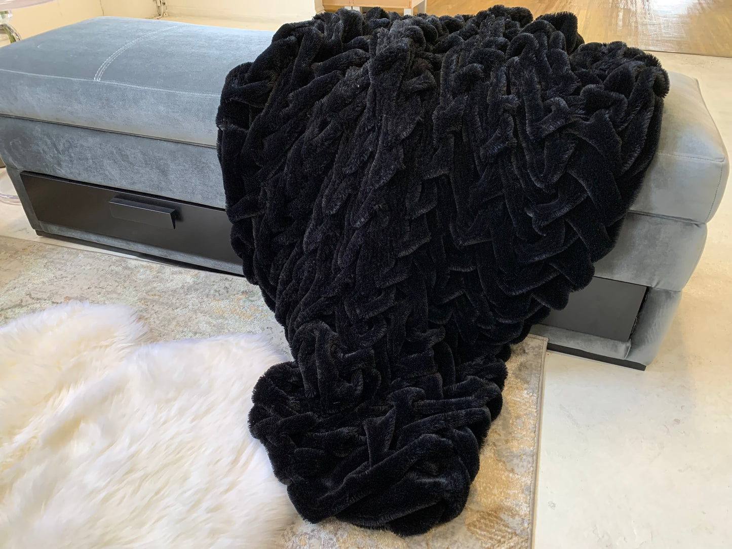 Braided Black and White & Mocha Soft Cozy Faux Fur Blanket/ Quilt/ Throw/ Bedcover/ Coverlet 50 X 60