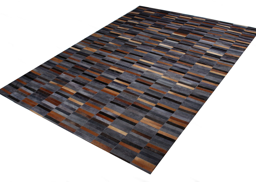 Handmade Brick Blue/Brown Design  Patchwork Cowhide Area Rug PCH209