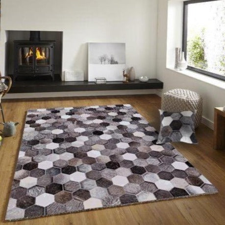 Vegan Geometric Gray Black Faux Hide/Cowhide Area Rug/Carpet