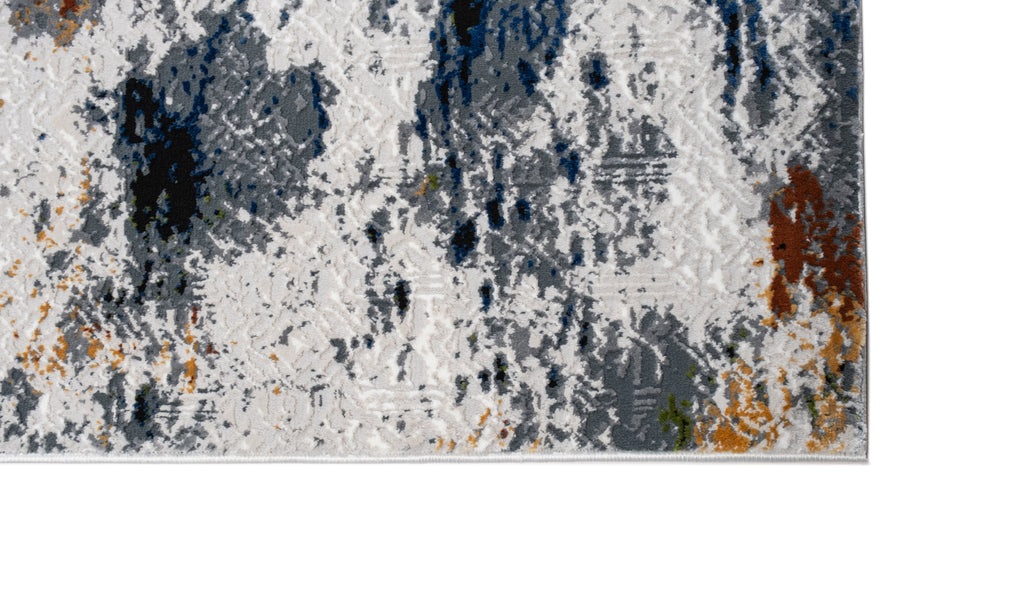 Cream Abstract Rug with Silver, Charcoal, Black, Red-Brown, Mustard, Ocean Blue & Green Accents.