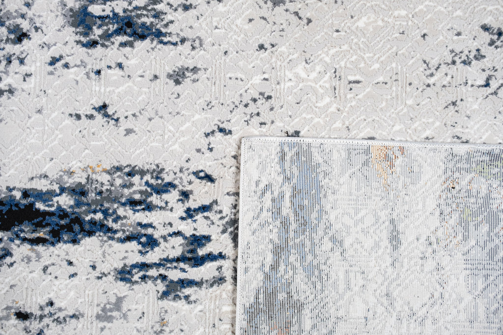 Cream Abstract Rug with Silver, Charcoal, Black, Red-Brown, Mustard, Ocean Blue & Green Accents.