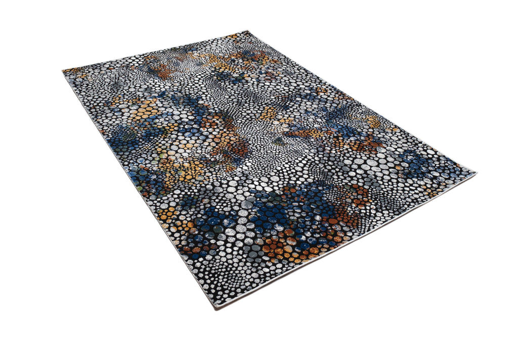 Abstract Spotted Rug – Black with Silver, Charcoal, Red-Brown, Mustard, Green, and Deep Blue Highlights.