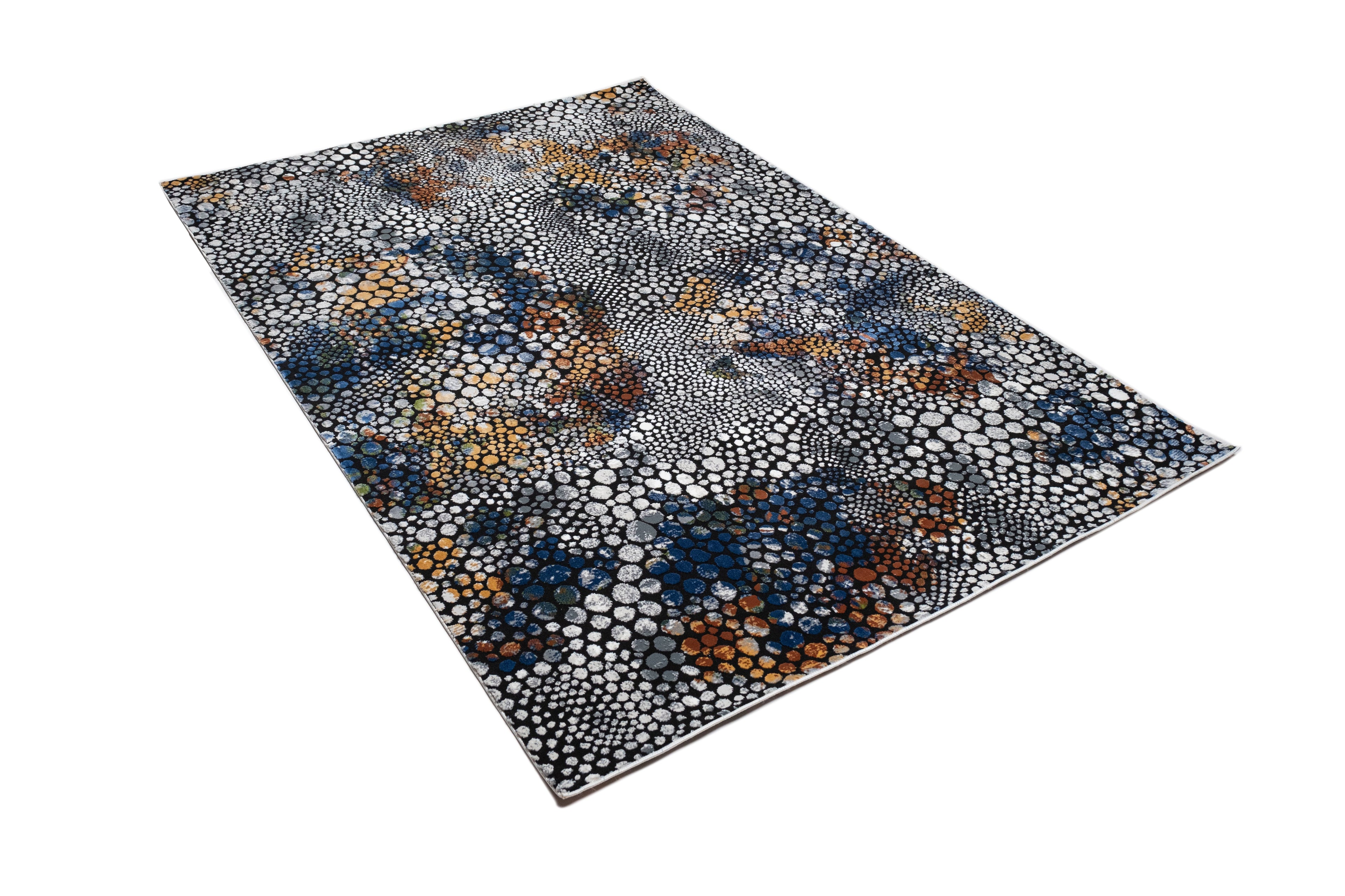 Abstract Spotted Rug – Black with Silver, Charcoal, Red-Brown, Mustard, Green, and Deep Blue Highlights.