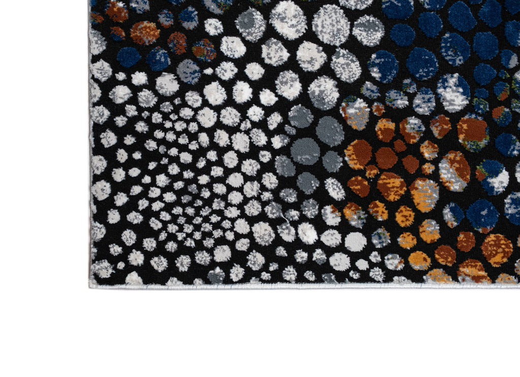 Abstract Spotted Rug – Black with Silver, Charcoal, Red-Brown, Mustard, Green, and Deep Blue Highlights.