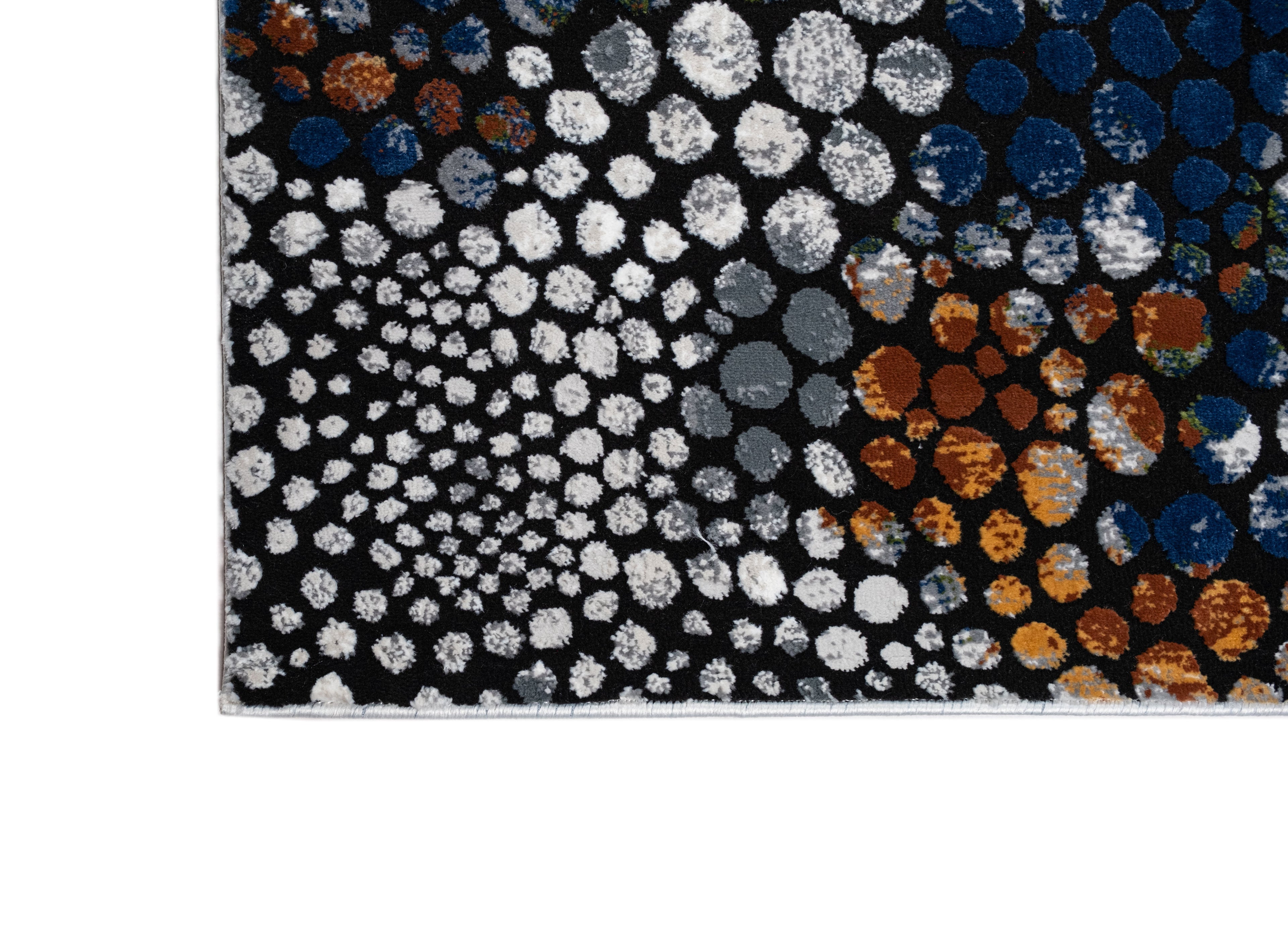 Abstract Spotted Rug – Black with Silver, Charcoal, Red-Brown, Mustard, Green, and Deep Blue Highlights.
