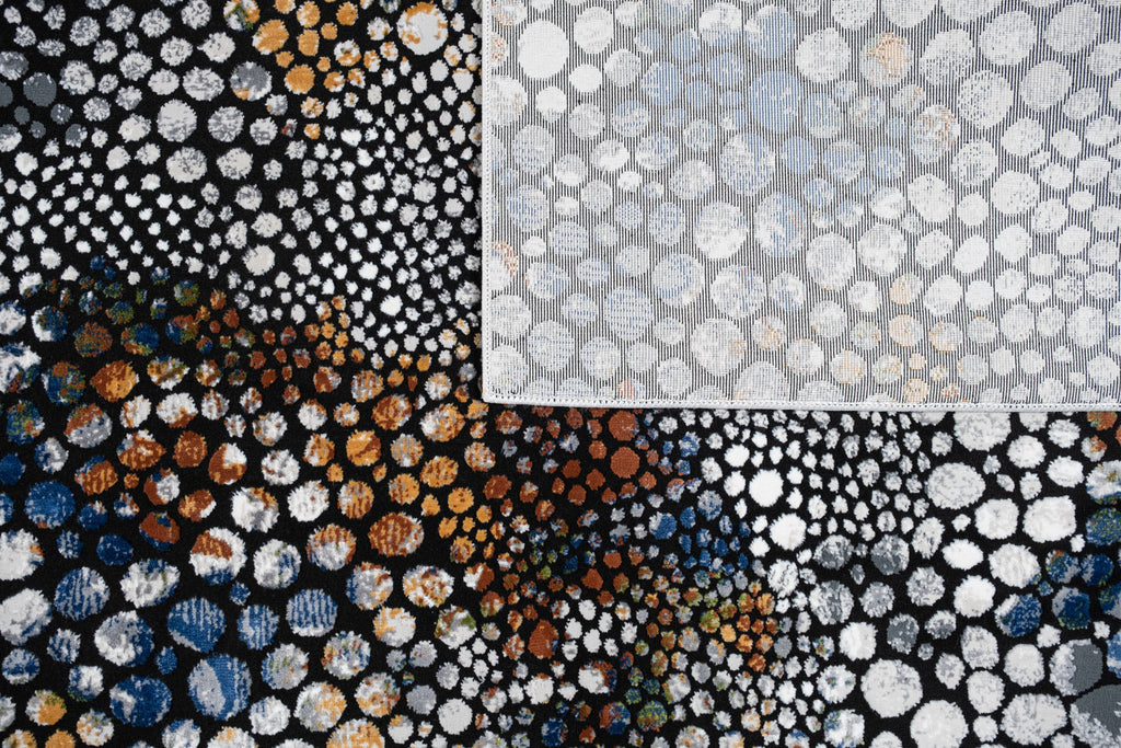 Abstract Spotted Rug – Black with Silver, Charcoal, Red-Brown, Mustard, Green, and Deep Blue Highlights.