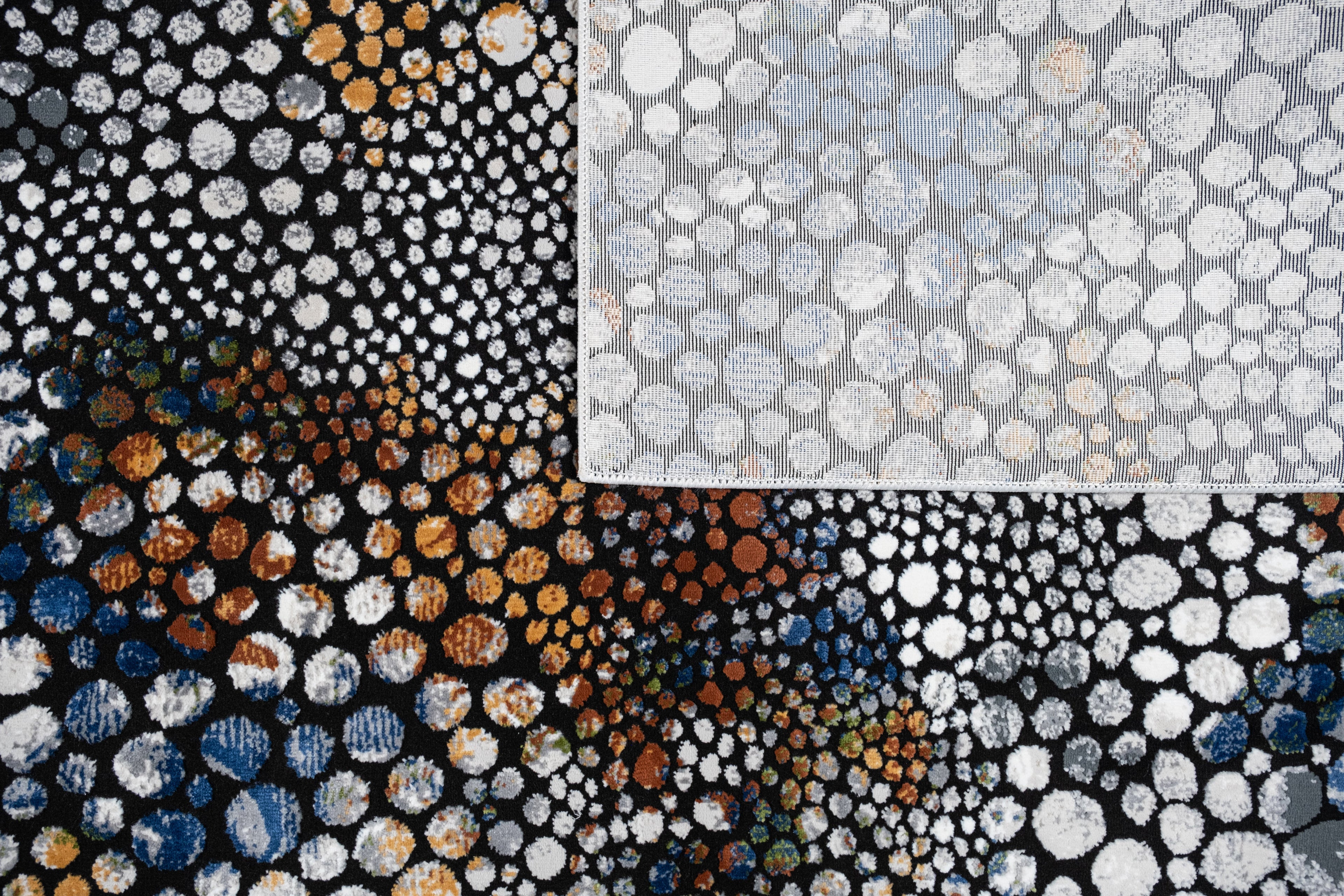 Abstract Spotted Rug – Black with Silver, Charcoal, Red-Brown, Mustard, Green, and Deep Blue Highlights.