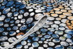 Abstract Spotted Rug – Black with Silver, Charcoal, Red-Brown, Mustard, Green, and Deep Blue Highlights.
