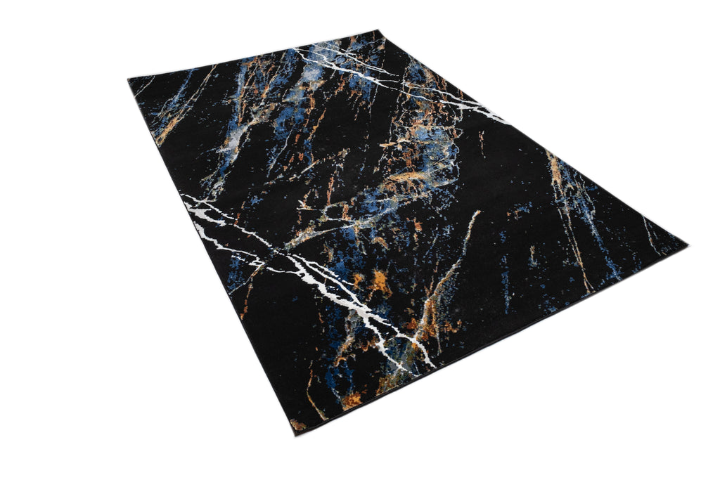 Modern Black Abstract Rug with Silver, Mustard, Red-Brown, Green & Ocean Blue Marbling.