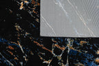 Modern Black Abstract Rug with Silver, Mustard, Red-Brown, Green & Ocean Blue Marbling.