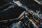 Modern Black Abstract Rug with Silver, Mustard, Red-Brown, Green & Ocean Blue Marbling.