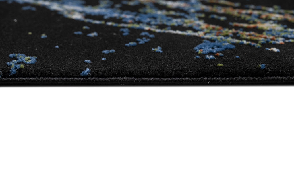Modern Black Abstract Rug with Silver, Mustard, Red-Brown, Green & Ocean Blue Marbling.