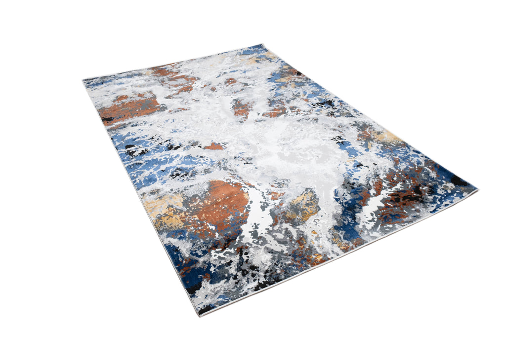 Grey Marble Abstract Rug with Red-Brown, Tan, Cream & Ocean Blue Accents and hits of Black.