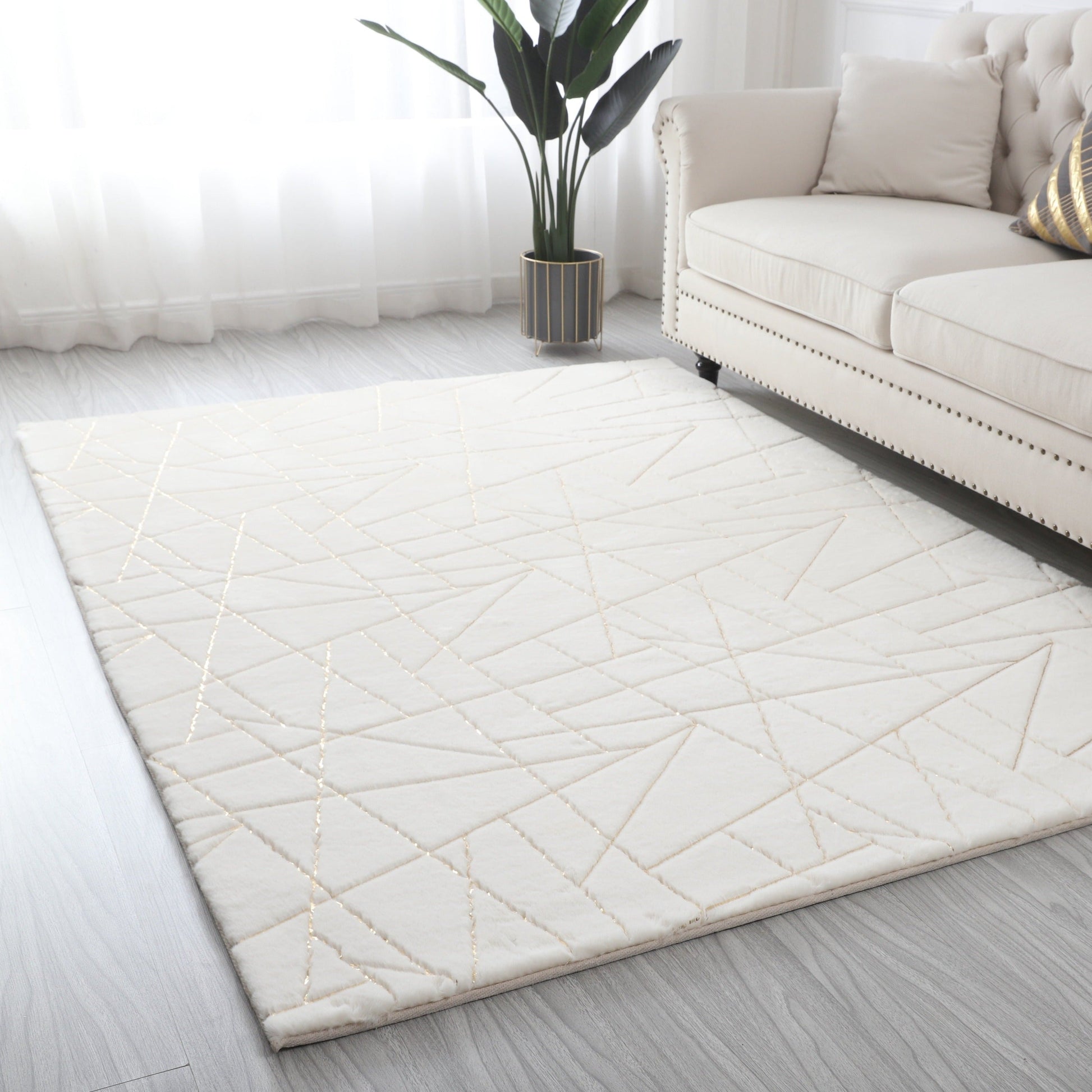 Golden White Lines Shimmery Soft Cozy Fuzzy Faux Fur Area Rug/Carpet