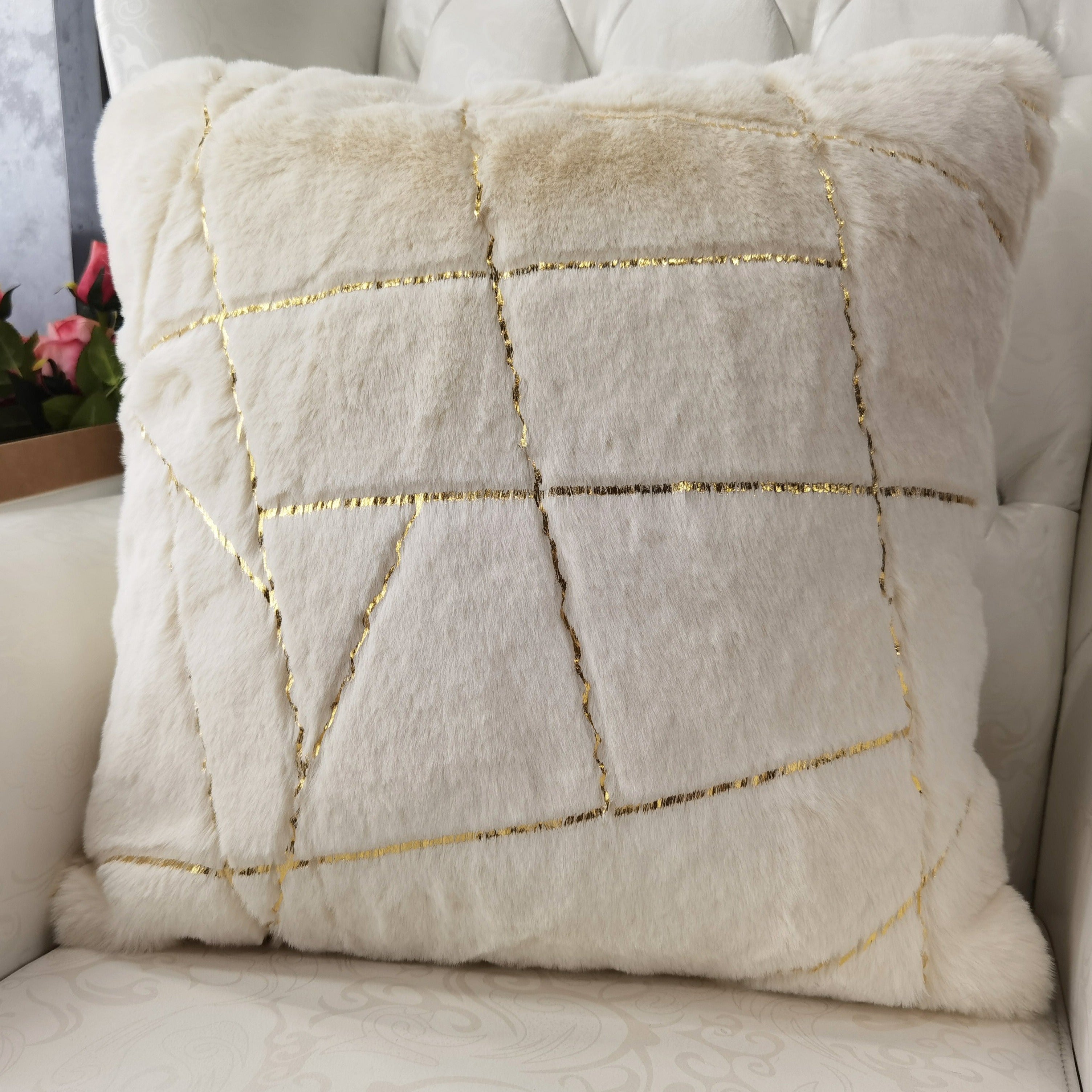 Golden Faux Fur Glow Fluffy Extra Soft Shimmery Foil Illuminating Effect Throw Pillow/Positioner -Metallica Pillow Collection