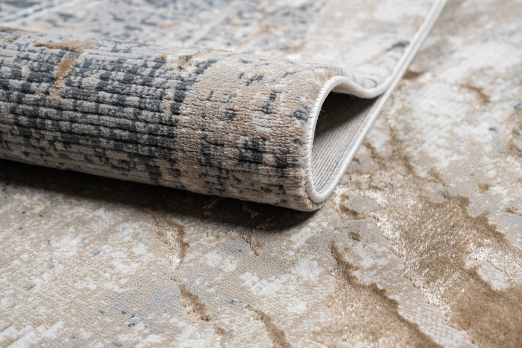 Crème Rug with Charcoal, Silver & Teal Marbled Abstract and Warm Mocha Tone-to-Tone High-Low Texture - METZ 4201.