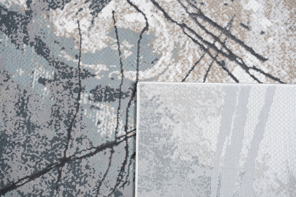 Abstract Marbled High-Low Rug in Crème Beige with Charcoal Tone-on-Tone Design, Faded Teal & Mocha Accents - METZ 4202.