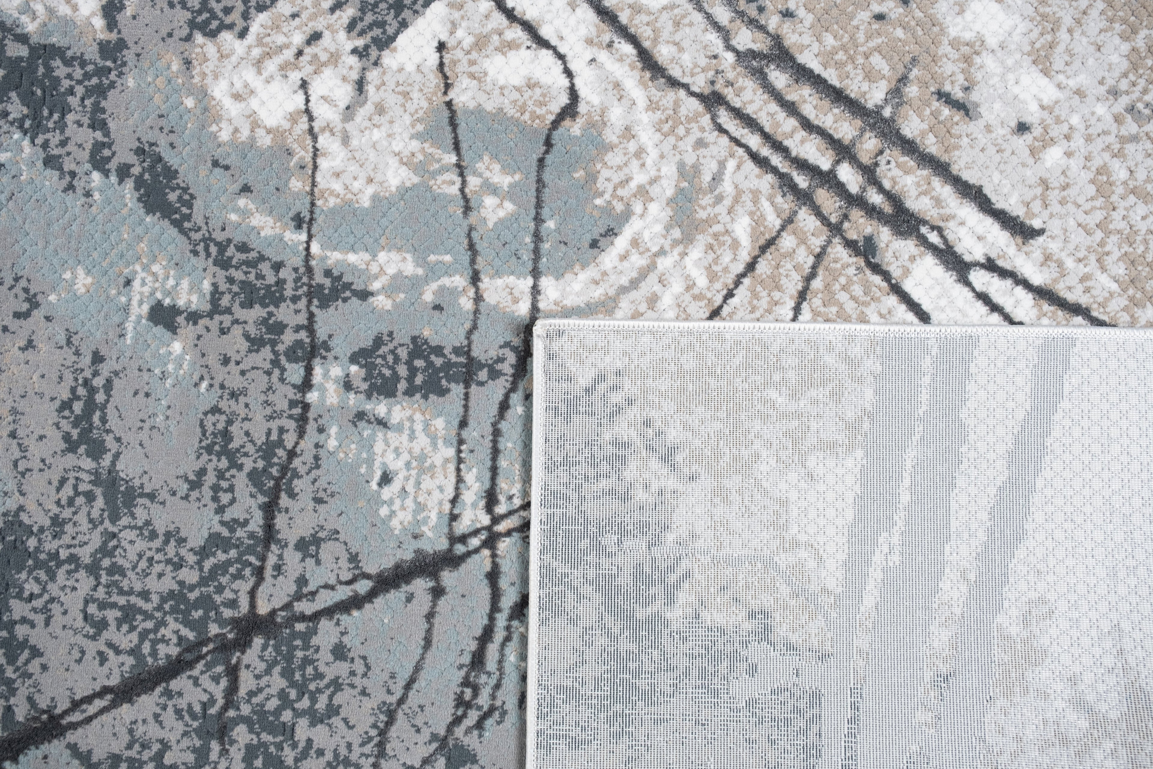 Abstract Marbled High-Low Rug in Crème Beige with Charcoal Tone-on-Tone Design, Faded Teal & Mocha Accents - METZ 4202.