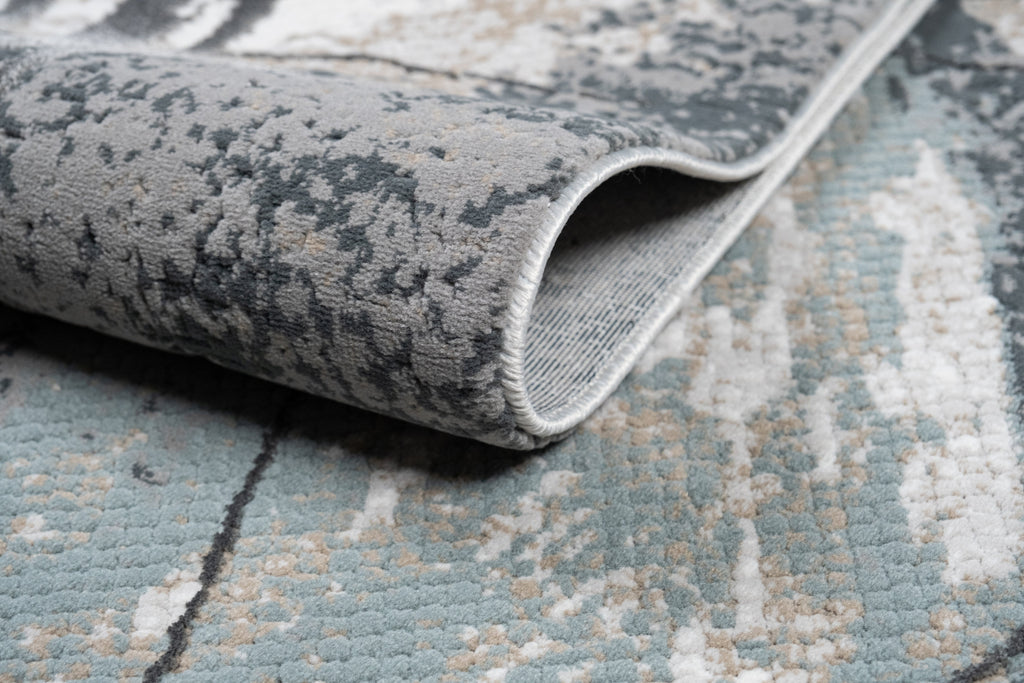 Abstract Marbled High-Low Rug in Crème Beige with Charcoal Tone-on-Tone Design, Faded Teal & Mocha Accents - METZ 4202.