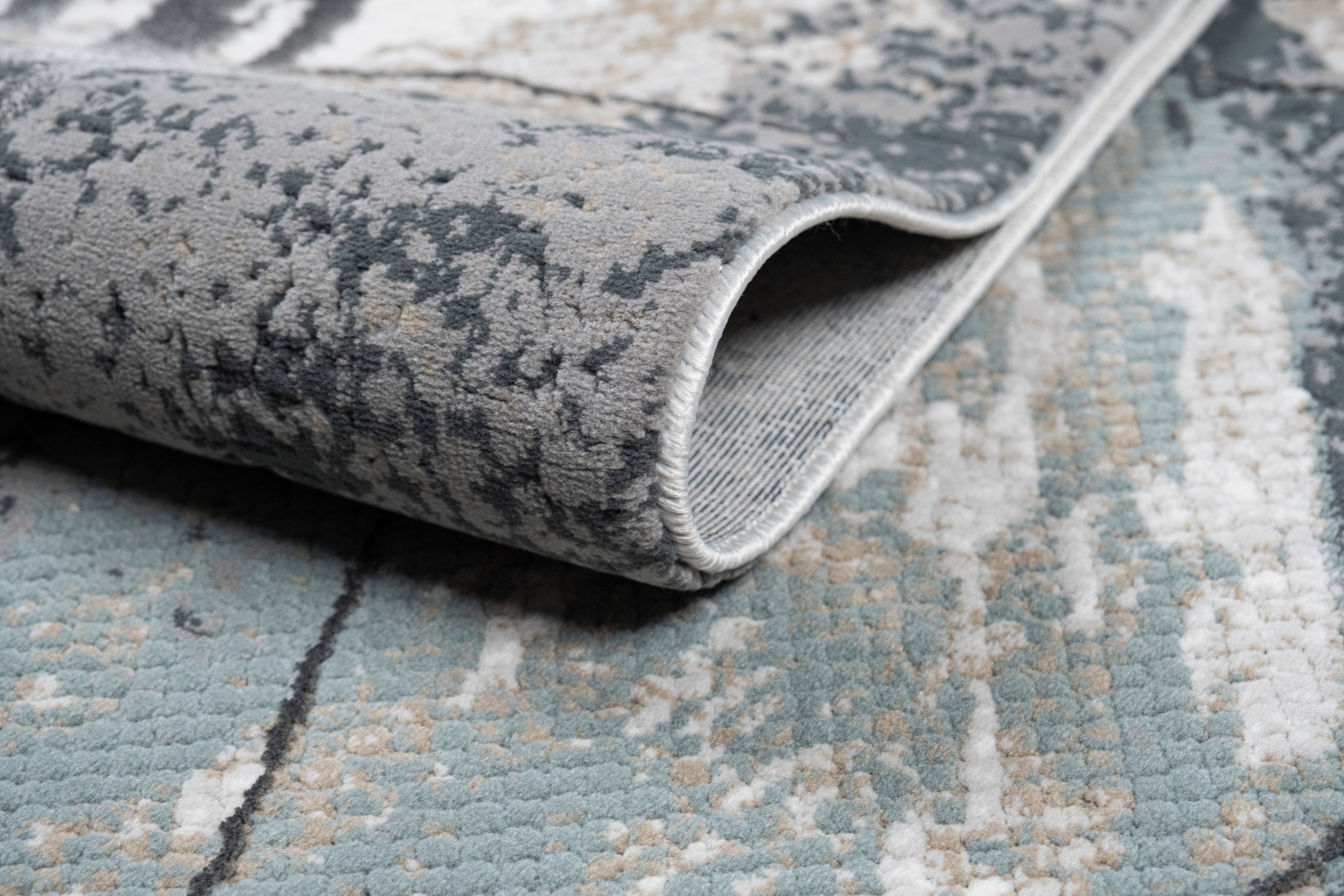 Abstract Marbled High-Low Rug in Crème Beige with Charcoal Tone-on-Tone Design, Faded Teal & Mocha Accents - METZ 4202.