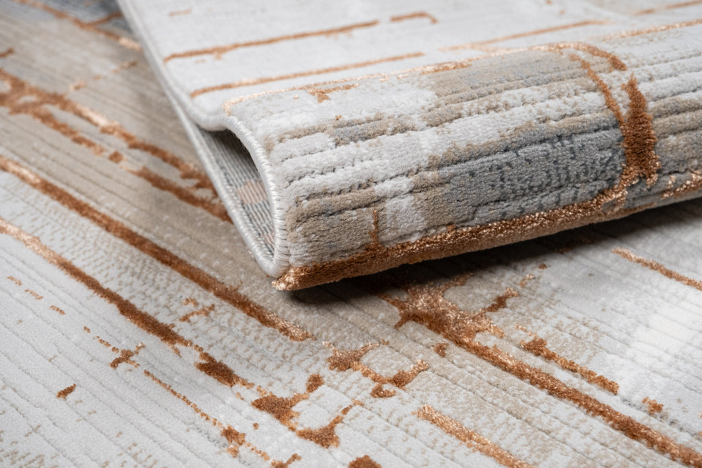 Crème Rug with Charcoal, Silver & Mocha Abstract with Bronze Tone-to-Tone Geometric High-Low Texture - METZ 4203.