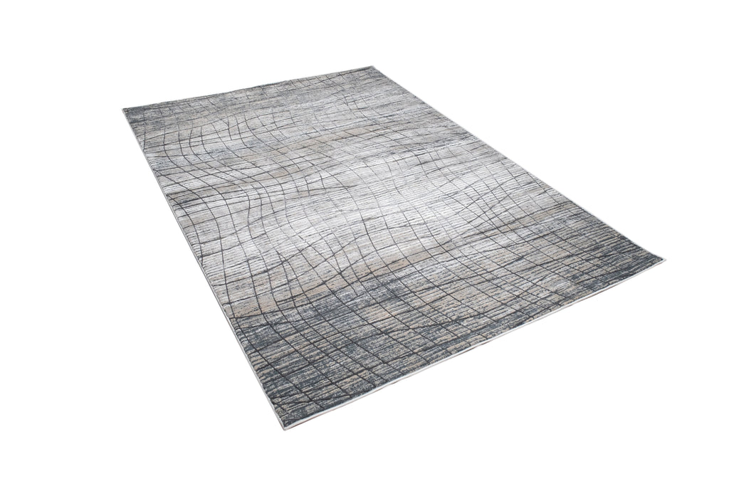 Crème Rug with Mocha & Beige Abstract Design and Charcoal Checker High-Low Pattern - METZ 4204.