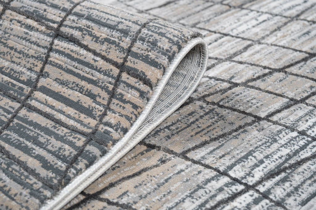 Crème Rug with Mocha & Beige Abstract Design and Charcoal Checker High-Low Pattern - METZ 4204.