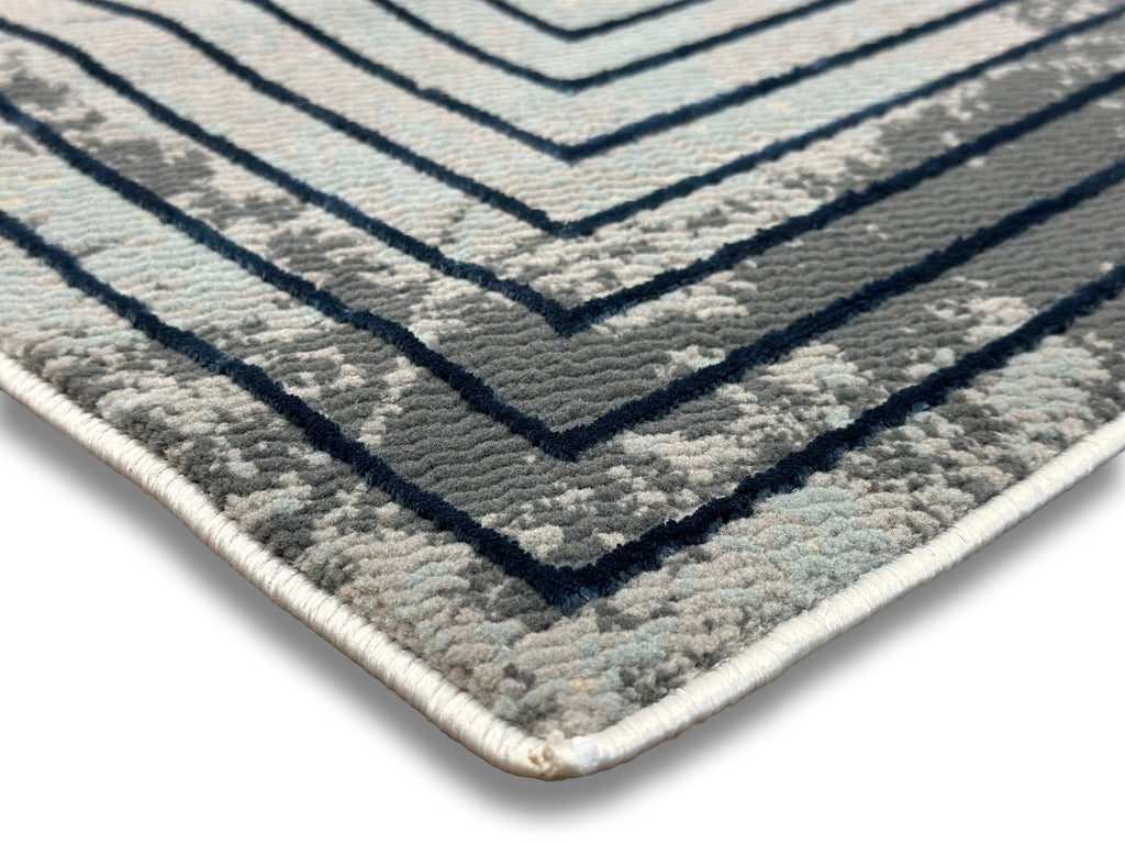 Crème High-Low Rug with Metallic Deep Blue Geometric Squares & Teal, Charcoal, Silver & Mocha Accents - METZ 4205.