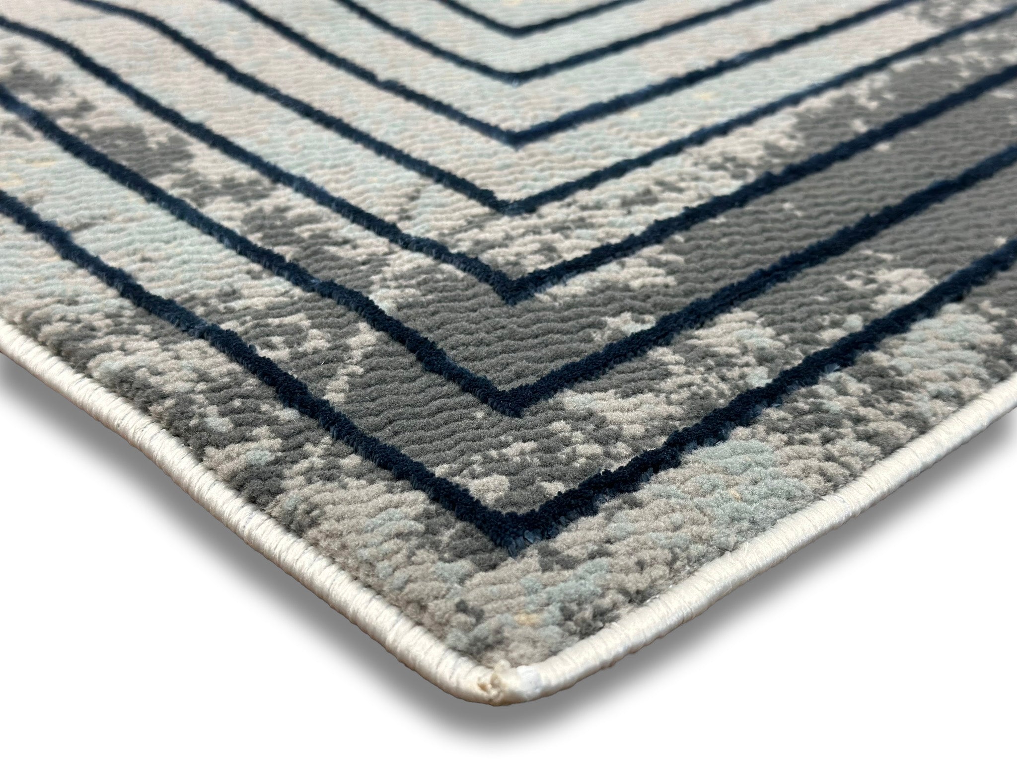 Crème High-Low Rug with Metallic Deep Blue Geometric Squares & Teal, Charcoal, Silver & Mocha Accents - METZ 4205.