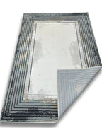 Crème High-Low Rug with Metallic Deep Blue Geometric Squares & Teal, Charcoal, Silver & Mocha Accents - METZ 4205.