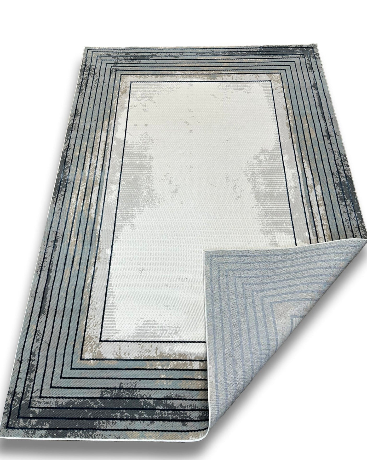 Crème High-Low Rug with Metallic Deep Blue Geometric Squares & Teal, Charcoal, Silver & Mocha Accents - METZ 4205.